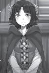  1girl ayakura_juu cape eyebrows_visible_through_hair greyscale hood hood_down hooded horns ilena_gisele indoors looking_at_viewer monochrome neck_ribbon novel_illustration official_art ribbon sheep_horns short_hair smile solo spice_and_wolf upper_body 