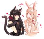  &gt;:( 2girls ahoge akamatsu_kaede animal_ear_fluff animal_ears bangs bare_shoulders black_dress black_gloves black_hair blonde_hair blush breasts cat_ears cat_tail collarbone commentary_request dangan_ronpa dress eyebrows_visible_through_hair fur_trim gloves hair_ornament harukawa_maki heart highres long_hair looking_at_viewer low_twintails mole mole_under_eye multiple_girls musical_note musical_note_hair_ornament nanin new_dangan_ronpa_v3 parted_bangs pink_eyes rabbit_ears red_eyes red_heart scrunchie sleeveless sleeveless_dress smile tail translated twintails upper_body white_dress 