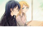  2girls ayase_eli bangs blonde_hair blue_eyes blue_hair blush commentary_request eyebrows_visible_through_hair hair_between_eyes long_hair long_sleeves looking_at_another love_live! love_live!_school_idol_project multiple_girls smile sonoda_umi suito yellow_eyes 