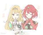  2girls armor bangs bare_shoulders blonde_hair blush breasts cleavage cleavage_cutout closed_eyes earphones earphones earrings elbow_gloves fingerless_gloves gem gloves hair_ornament headpiece mythra_(xenoblade) pyra_(xenoblade) jewelry large_breasts listening_to_music long_hair looking_at_viewer mochimochi_(xseynao) multiple_girls nintendo one_eye_closed redhead short_hair simple_background smile swept_bangs tiara very_long_hair white_background xenoblade_(series) xenoblade_2 yellow_eyes 
