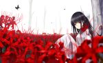  1girl bangs bare_tree black_hair bow bug butterfly closed_mouth commentary_request eyebrows_visible_through_hair field flower flower_field hair_bow highres insect japanese_clothes kimono long_hair looking_at_viewer makadamixa original red_eyes red_flower sitting solo spider_lily tree very_long_hair white_background white_bow white_kimono 