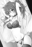  1girl armpits arms_up bow bra breasts choker cleavage collarbone cowboy_shot eyebrows_visible_through_hair floating_hair floral_print garter_belt greyscale hair_between_eyes hair_bow highres indoors large_breasts long_hair monochrome navel novel_illustration official_art panties print_bra print_panties rakudai_kishi_no_cavalry shiny shiny_clothes solo standing stella_vermillion thigh-highs twintails tying_hair underwear underwear_only won_(az_hybrid) 