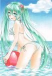  1girl :d ball beachball bikini blue_sky breasts clouds cowboy_shot floating_hair flower from_behind fujiwara_minaho green_eyes green_hair green_ribbon hair_between_eyes hair_flower hair_ornament hair_ribbon hatsune_miku holding holding_ball leaning_forward long_hair marker_(medium) ocean open_mouth orange_ribbon outdoors pink_flower ribbon shiny shiny_hair side-tie_bikini sideboob sky small_breasts smile solo standing striped striped_bikini swimsuit traditional_media twintails very_long_hair vocaloid wading watermark 