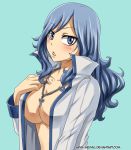  1girl arya-aiedail blue_background blue_eyes blue_hair blush breasts chains cleavage eyebrows_visible_through_hair fairy_tail hair_between_eyes jacket jewelry juvia_lockser large_breasts long_hair long_sleeves looking_at_viewer necklace open_clothes open_jacket parted_lips shiny shiny_hair simple_background solo upper_body white_jacket 