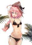  1girl ;d armpits arms_up astolfo_(fate) bikini black_bikini black_bow blush bow braid commentary_request eto_(nistavilo2) eyebrows_visible_through_hair fang fate/apocrypha fate/grand_order fate_(series) genderswap genderswap_(mtf) hair_bow highres long_hair looking_at_viewer navel one_eye_closed open_mouth pectorals pink_hair side-tie_bikini simple_background single_braid smile solo standing swimsuit thigh-highs undressing violet_eyes white_background 