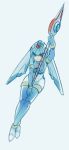  1girl 3four android blue_eyes blue_hair bodysuit breasts closed_mouth gloves helmet highres leviathan_(rockman) polearm rockman rockman_zero solo spear thigh-highs weapon 
