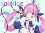  &gt;_o 1girl ;) ;p \m/ absurdres ahoge anchor_symbol bangs blue_background blue_hair blush braid copyright_name eyebrows_visible_through_hair eyes_visible_through_hair french_braid fuji_dorokai highres holding holding_microphone hololive long_hair looking_at_viewer maid_headdress microphone minato_aqua multicolored_hair one_eye_closed puffy_short_sleeves puffy_sleeves purple_hair short_sleeves smile solo tongue tongue_out twintails two-tone_hair upper_body v v_over_mouth violet_eyes virtual_youtuber wrist_cuffs 
