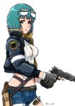  1girl aqua_eyes aqua_hair artist_name belt black_gloves breasts bullet_print cosplay eyewear_on_head finalcake fingerless_gloves from_side girls_frontline gloves grizzly_mkv_(girls_frontline) grizzly_mkv_(girls_frontline)_(cosplay) gun handgun holding holding_gun holding_weapon jacket long_sleeves medium_breasts own_hands_together parted_lips pistol sei_(va-11_hall-a) short_hair shorts solo standing sunglasses trigger_discipline va-11_hall-a weapon white_background 