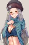  1girl absurdres azur_lane blue_bra blush bra breasts cleavage clothes_lift glasses grey_background grey_hair hat highres jacket lace lace-trimmed_bra large_breasts long_hair long_sleeves looking_at_viewer midriff navel off_shoulder ribbed_sweater shangri-la_(azur_lane) simple_background smile snowflake_pin solo straight_hair suushiki sweat sweater sweater_lift turtleneck turtleneck_sweater underwear upper_body yellow_eyes 