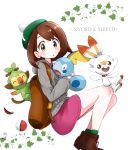  1girl :o ankle_boots backpack bag boots brown_eyes brown_footwear brown_hair collared_dress commentary_request copyright_name creatures_(company) dress english_text female_protagonist_(pokemon_swsh) floating from_side game_freak gen_8_pokemon green_hat green_legwear grey_sweater grookey hat highres holding holding_pokemon hood hoodie ivy light_blush light_frown long_sleeves looking_at_viewer medium_hair nintendo not_on_shana open_mouth pink_dress pokemon pokemon_(creature) pokemon_(game) pokemon_swsh scorbunny short_dress sobble socks solo sweater tam_o&#039;_shanter white_background 