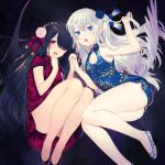  2girls :o achiki angel_wings armpits bare_arms bare_legs bare_shoulders bell black_footwear black_hair blue_dress blue_eyes blue_flower blush breasts china_dress chinese_clothes cleavage_cutout demon_wings dress fang floating_hair floral_print flower hair_between_eyes hair_flower hair_ornament hair_over_one_eye hand_holding hand_up jingle_bell knees_up long_hair looking_at_viewer multiple_girls one_side_up open_mouth original pelvic_curtain pink_flower purple_dress rose shoes short_dress short_sleeves sidelocks sleeveless sleeveless_dress small_breasts tassel thighs very_long_hair violet_eyes white_footwear white_hair wings 
