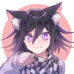  1boy :3 animal_ear_fluff animal_ears black_hair blush cat_ears checkered checkered_scarf commentary_request dangan_ronpa dot_nose eyebrows_visible_through_hair face fang hair_between_eyes highres long_sleeves looking_at_viewer male_focus nanin new_dangan_ronpa_v3 ouma_kokichi paw_pose scarf short_hair simple_background sleeves_past_wrists smile straitjacket violet_eyes 