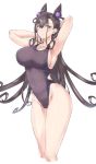  1girl bangs black_hair black_swimsuit breasts collarbone commentary_request competition_swimsuit cowboy_shot depo_(typebaby505) double_bun fate/grand_order fate_(series) highleg highleg_swimsuit large_breasts long_hair looking_at_viewer murasaki_shikibu_(fate) one-piece_swimsuit simple_background smile solo swimsuit very_long_hair violet_eyes white_background 