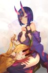  2girls bare_shoulders blonde_hair bob_cut closed_eyes eyeliner facial_mark fang_out fate/grand_order fate_(series) finger_to_mouth fingernails forehead_mark headpiece highres horns ibaraki_douji_(fate/grand_order) japanese_clothes kimono lap_pillow long_hair makeup multiple_girls oni oni_horns open_clothes open_kimono pointy_ears purple_hair purple_kimono revealing_clothes sharp_fingernails short_eyebrows short_hair shuten_douji_(fate/grand_order) smile takana_(kurubushisan) violet_eyes yellow_kimono 