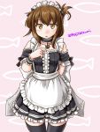  1girl alternate_costume anchor apron black_choker black_dress black_legwear brown_eyes brown_hair choker commentary_request dress enmaided fish_background folded_ponytail frilled_apron frills inazuma_(kantai_collection) kantai_collection long_hair looking_at_viewer maid maid_headdress open_mouth pink_background solo standing tatsumi_ray thigh-highs twitter_username white_apron wrist_cuffs 