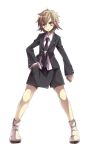  1girl black_jacket black_neckwear black_skirt blush brown_eyes brown_hair dangan_ronpa full_body genderswap genderswap_(mtf) hair_between_eyes hand_in_pocket highres jacket kuzuryuu_fuyuhiko long_sleeves looking_at_viewer miniskirt necktie open_clothes open_jacket print_neckwear shiny shiny_hair shirt short_hair simple_background skirt solo standing striped super_dangan_ronpa_2 takamiya_ren v-shaped_eyebrows vertical-striped_jacket vertical-striped_skirt vertical_stripes white_background white_footwear white_shirt 