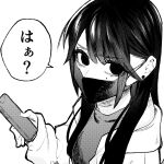  1girl bangs black_hair breasts cellphone cgy_iy close-up earrings greyscale holding holding_phone jacket jewelry long_hair looking_at_viewer mask mole mole_under_eye monochrome mouth_mask original phone simple_background smartphone solo translated white_background 