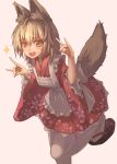  1girl animal_ear_fluff animal_ears apron arms_at_sides arms_up bangs blonde_hair blush commentary_request double_fox_shadow_puppet fang floral_print fox_ears fox_girl fox_shadow_puppet fox_tail highres japanese_clothes kimono lolita_fashion long_sleeves looking_at_viewer medium_hair okobo original osabachan red_kimono red_skirt ribbon-trimmed_legwear ribbon_trim skirt solo sparkle sparkling_eyes standing standing_on_one_leg tail thigh-highs wa_lolita white_legwear wide_sleeves zettai_ryouiki 
