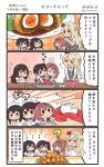  4girls 4koma ? akagi_(kantai_collection) alternate_costume apron ark_royal_(kantai_collection) bangs black_hair blonde_hair blue_hakama blunt_bangs bob_cut bowl braid brown_hair comic commentary_request croquet egg flower french_braid hair_flower hair_ornament hairband hakama highres japanese_clothes kaga_(kantai_collection) kantai_collection kneading long_hair long_sleeves megahiyo multiple_girls one_eye_closed red_hakama redhead short_hair side_ponytail solid_oval_eyes tasuki tiara translation_request twitter_username warspite_(kantai_collection) white_hairband younger 