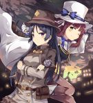  2girls black_hair bow cape capelet character_request copyright_request detective hat highres holding long_hair magnifying_glass multiple_girls necktie normaland one_eye_closed redhead short_hair violet_eyes yellow_eyes 