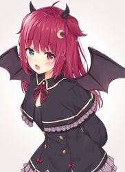  1girl :o ahoge bangs black_capelet black_dress blue_eyes blush bow brown_wings capelet commentary_request crescent crescent_hair_ornament demon_girl demon_horns demon_wings dress eyebrows_visible_through_hair fang frilled_capelet frilled_dress frills grey_background hair_ornament heterochromia highres horns leaning_forward long_hair long_sleeves looking_at_viewer nijisanji open_mouth racchi. red_bow red_eyes redhead simple_background solo two_side_up virtual_youtuber wings yuzuki_roa 