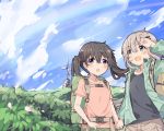  2girls black_hair blue_sky blush brown_hair clouds cloudy_sky day green_eyes grey_hair hair_ornament hairclip kuraue_hinata looking_at_viewer multiple_girls normaland open_mouth outdoors short_hair sky smile twintails violet_eyes yama_no_susume yukimura_aoi 