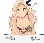  ! 1girl amazon_(dragon&#039;s_crown) armor ass_visible_through_thighs bikini_armor blonde_hair bongo_cat breasts cleavage commentary_request dragon&#039;s_crown feathers hair_feathers hair_intakes hands_on_own_knees hori_shin leaning_forward long_hair looking_at_viewer medium_breasts meme navel raised_eyebrows simple_background solo spoken_exclamation_mark thick_thighs thigh_gap thighs twitter violet_eyes white_background 