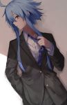  1girl alternate_costume black_jacket blancpig_yryr blue_hair buttons facing_to_the_side formal hand_in_pocket highres jacket long_sleeves looking_at_viewer necktie necktie_grab neckwear_grab neptune_(series) power_symbol red_eyes shirt short_hair_with_long_locks solo suit symbol-shaped_pupils white_heart white_shirt 