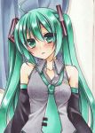  1girl against_wall ahoge black_sleeves blush collarbone curtains detached_sleeves eyebrows_visible_through_hair fujiwara_minaho green_eyes green_hair green_neckwear grey_shirt hair_between_eyes hair_ornament hatsune_miku head_tilt long_hair long_sleeves looking_at_viewer marker_(medium) necktie parted_lips shiny shiny_hair shirt sleeveless sleeveless_shirt solo traditional_media twintails upper_body very_long_hair vocaloid watermark 