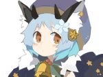  1girl animal_ear_fluff animal_ears bangs bell blue_flower blue_hair brown_eyes christmas_rose_(flower_knight_girl) commentary_request eyebrows_visible_through_hair flower flower_knight_girl fur_trim hair_flower hair_ornament hat horns paprika_shikiso purple_hat simple_background solo star upper_body white_background 