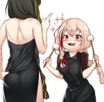 2girls :3 alternate_costume ass back bangs bare_shoulders black_dress blonde_hair blush braid braided_ponytail breasts commentary_request dress drumsticks fang female_ass girls_frontline hair_between_eyes hair_over_shoulder hair_ribbon hand_on_hip happy highres holding holding_drumsticks korean_commentary long_hair m16a1_(girls_frontline) m4_sopmod_ii_(girls_frontline) multicolored_hair multiple_girls no_bra no_panties no_underwear open_mouth pointing red_eyes redhead ribbon sd_bigpie short_sleeves side_braid side_slit sparkle strapless strapless_dress streaked_hair white_background