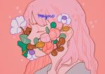  1girl artist_name bangs closed_eyes eyelashes flower grey_shirt in_mouth leaf long_hair meyoco original pink_background pink_flower pink_hair plant portrait shirt simple_background solo sparkle white_flower 
