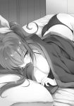  1girl ass bed_sheet black_bra black_panties blush bow bra breasts cleavage eyebrows_visible_through_hair greyscale hair_bow hair_over_one_eye highres indoors large_breasts long_hair lying monochrome novel_illustration official_art on_side panties pillow rakudai_kishi_no_cavalry shiny shiny_hair shiny_skin solo stella_vermillion sweatdrop twintails under_covers underwear underwear_only won_(az_hybrid) 