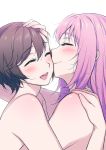 2girls :d blush brown_hair closed_eyes eyebrows_visible_through_hair from_side hair_between_eyes hand_on_another&#039;s_head hand_on_another&#039;s_shoulder highres hug long_hair megurine_luka meiko multiple_girls nude open_mouth pink_hair portrait simple_background smile ssn vocaloid white_background yuri 