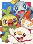  2019 creatures_(company) dated game_freak gen_8_pokemon grookey lizard looking_at_another looking_at_viewer makotou monkey nintendo no_humans open_mouth pokemon pokemon_(creature) rabbit scorbunny smile sobble two-tone_background virtual_youtuber 