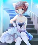  1girl absurdres animal_ears bangs bare_shoulders blue_dress blush breasts brown_hair cat_ears cleavage collarbone commentary_request dress eyebrows_visible_through_hair foreshortening gloves green_eyes high_ponytail highres idolmaster idolmaster_cinderella_girls jewelry kemonomimi_mode kuriyuzu_kuryuu maekawa_miku medium_breasts necklace parted_lips pearl_necklace ponytail railing short_hair sidelocks sitting sitting_on_stairs solo stairs star starry_sky_bright strapless strapless_dress thigh-highs tiara white_gloves white_legwear 