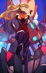  &gt;:( 1girl 55level bangs blonde_hair blue_eyes blurry blurry_background bodysuit closed_mouth day depth_of_field eva_02 eyepatch eyepatch_removed feet_out_of_frame floating_hair hair_ornament hand_on_hip highres legs long_hair mecha neon_genesis_evangelion outdoors plugsuit polearm red_bodysuit serious solo souryuu_asuka_langley spear standing stepping weapon wind 