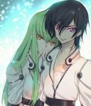  1boy 1girl black_hair breasts c.c. cleavage code_geass collarbone creayus eyebrows_visible_through_hair green_hair hair_between_eyes hand_on_another&#039;s_shoulder lelouch_lamperouge long_hair looking_at_viewer medium_breasts shirt smile upper_body very_long_hair violet_eyes white_shirt yellow_eyes 