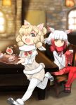  2girls ajino_(sakanahen) alpaca_ears alpaca_suri_(kemono_friends) alpaca_tail animal_ears artist_name bangs bird_wings blonde_hair blouse blunt_bangs blurry blurry_background bodystocking breast_pocket chair closed_mouth cup dated day drink eyebrows_visible_through_hair frilled_sleeves frills fur-trimmed_footwear fur-trimmed_sleeves fur_collar fur_scarf fur_trim gloves green_eyes hair_bun hair_over_one_eye hands_up head_wings holding holding_cup holding_tray horizontal_pupils indoors japanese_crested_ibis_(kemono_friends) kemono_friends legs_together long_hair long_sleeves looking_at_another mary_janes medium_hair multicolored_hair multiple_girls neck_ribbon open_mouth orange_eyes pantyhose pleated_skirt pocket red_gloves red_legwear red_neckwear redhead ribbon running scarf shoes shorts sitting skirt smile spilling steam sweater_vest table tail tray upper_teeth white_blouse white_hair white_scarf wide_sleeves window wings 