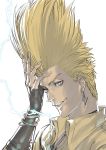 1boy azuma_kyoutarou_(artist) blonde_hair check_commentary commentary commentary_request detached_sleeves earrings electricity jewelry long_hair nikaidou_benimaru official_art smile snk spiky_hair static_electricity straight_hair the_king_of_fighters the_king_of_fighters:_a_new_beginning the_king_of_fighters_xiv 