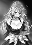  1girl :d blush braid breasts cleavage collarbone crown_braid dress eyebrows_visible_through_hair floating_hair freckles greyscale hair_between_eyes head_tilt highres jewelry kuro_shishi_jou_kitan large_breasts long_hair long_sleeves looking_at_viewer monochrome necklace novel_illustration off-shoulder_dress off_shoulder official_art open_mouth shiny shiny_skin smile solo standing very_long_hair yasaka_minato 