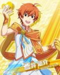  character_name dress idolmaster idolmaster_side-m orange_hair red_eyes sash short_hair smile yusuke_aoi 