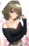  1girl arm_under_breasts bangs bare_shoulders black_sweater blue_eyes blush breasts brown_hair brown_skirt buttons cleavage closed_mouth collarbone diamond_(gemstone) eyebrows_visible_through_hair green_eyes green_hair hair_twirling head_tilt heterochromia high-waist_skirt highres idolmaster idolmaster_cinderella_girls infinote jewelry looking_at_viewer mole mole_under_eye necklace off-shoulder_sweater off_shoulder short_hair sidelocks signature silver skirt solo sweater takagaki_kaede upper_body 