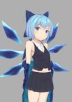  1girl :o alternate_costume armpit_peek arms_behind_back bare_shoulders black_skirt black_vest blue_bow blue_coat blue_eyes blue_hair bow cirno commentary_request cowboy_shot enki_1021 grey_background hair_bow head_tilt looking_at_viewer midriff miniskirt navel off_shoulder pleated_skirt shirt short_hair simple_background skirt sleeveless sleeveless_shirt solo standing touhou vest white_shirt wing_collar wings 