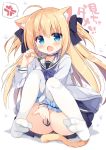  !! 1girl :o ahoge anger_vein animal_ear_fluff animal_ears ass bangs between_legs black_bow black_dress blonde_hair blue_eyes blush bow cat_ears cat_girl cat_tail choker commentary_request dress eyebrows_visible_through_hair fang fingernails frilled_legwear full_body grey_jacket hair_between_eyes hair_bow hand_between_legs hand_up highres jacket kujou_danbo long_hair long_sleeves looking_at_viewer no_shoes open_clothes open_jacket open_mouth original plaid_sailor_collar purple_choker ribbon_choker sailor_collar sailor_dress shadow sleeves_past_wrists soles solo spoken_anger_vein sweat tail tears thigh-highs translated two_side_up very_long_hair white_background white_legwear 
