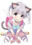  1girl :3 animal_ears backpack bag bead_bracelet beads bell between_legs black_eyes blue_shirt blush bracelet cat_ears cat_girl cat_tail choker collarbone fang fish full_body jewelry jingle_bell kemonomimi_mode looking_at_viewer mizore_(sabamizo_channel) mole mole_under_eye mouth_hold pink_shorts randoseru ribbon_choker sabamizo_channel shirt shoes short_hair short_shorts short_sleeves shorts silver_hair simple_background sitting solo striped striped_legwear tail thigh-highs tsukana_(saba_mizore) twintails virtual_youtuber wariza white_background white_legwear 