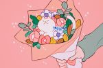  animal artist_name bouquet cat closed_eyes flower hands holding holding_bouquet leaf long_sleeves meyoco no_humans original pink_background pink_flower simple_background sparkle white_cat white_flower 