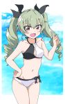  1girl :d anchovy bangs bare_arms bare_shoulders black_bow blue_sky blush bow breasts cleavage cleavage_cutout clouds collarbone commentary_request cowboy_shot day drill_hair girls_und_panzer green_hair groin halterneck hand_on_hip highres index_finger_raised long_hair looking_at_viewer navel open_mouth red_eyes sky small_breasts smile solo stomach thigh_gap twin_drills twintails two-tone_bikini 