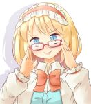  1girl adjusting_eyewear alice_margatroid arnest bangs bespectacled blonde_hair blue_eyes blush bow bowtie capelet drop_shadow eyebrows_visible_through_hair frilled_hairband frilled_shirt_collar frills glasses hairband hands_up head_tilt lolita_hairband long_sleeves looking_at_viewer pink_lips puffy_sleeves red-framed_eyewear red_bow red_hairband red_neckwear shirt short_hair simple_background smile solo touhou upper_body white_background white_capelet white_shirt wing_collar 