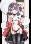  1girl absurdres back_bow bangs black_choker black_legwear blurry blurry_background blush bow breasts choker collarbone depth_of_field eyebrows_visible_through_hair fang fate/grand_order fate_(series) frills glasses gluteal_fold hair_bow hands_up headpiece highres horns ichikawayan oni oni_horns open_mouth pointy_ears purple_hair red_bow reflection revealing_clothes round_eyewear short_eyebrows shuten_douji_(fate/grand_order) signature small_breasts solo thick_eyebrows thigh-highs twitter_username violet_eyes wavy_mouth wrist_cuffs yellow-framed_eyewear 